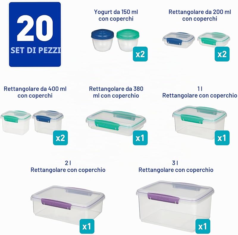 Contenitori per la conservazione degli alimenti Sistema | Contenitori per la preparazione dei pastiscatole per il pranzo e altro | Impilabili ed ermetici | 20 pz. (10 contenitori e coperchi)