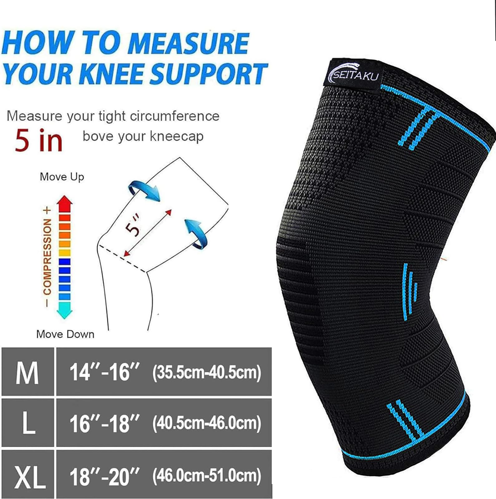 Seitaku Knee Braces for Women Men 2 Pack, Knee Compressin Sleeve Support for Running, Working out, Weightlifting, Football, Basketball, Gym, Sports (Navy, Medium)