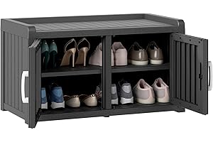 NBYSGO 2-Tier Storage Bench, Waterproof UV-Resistant Outdoor Shoe Storage Cabinet with 2 Doors & Adjustable Shelves for Indoor Outdoor Entryway, Hallway, Living Room (Black)