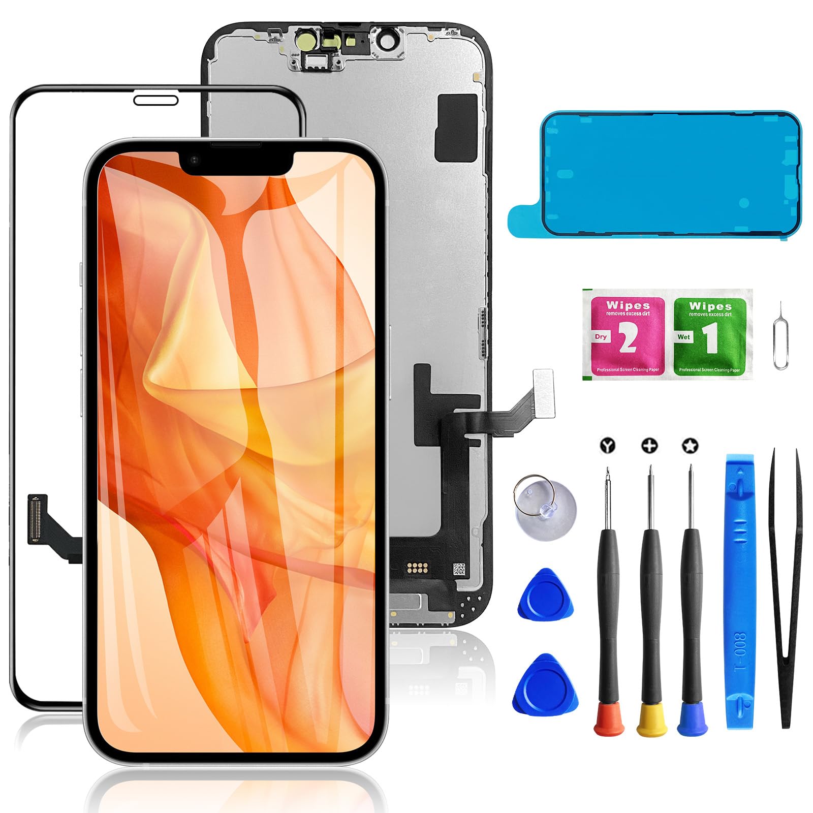 Mobkitfp for iPhone 14 Screen Replacement 6.1 inch, 3D Touch LCD Screen Digitizer Front Display Assembly with Waterproof Adhesive+Tempered Glass+Repair Tools