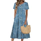 Zeagoo Womens Casual Dresses for Summer Short Sleeve Flare Midi Dress Loose Beach Sundress Pleated Front Dress with Pockets