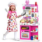 36.2'' Kids Kitchen Playset, Play Kitchen for Kids Ages 3-8 with Steam | Toy Kitchen with Sound &amp; Light, Cooking Stove, Play Sink, Oven, Kitchen Set for Girls 3 4 5 6 7 8 (Pink)