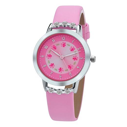 Girls Watches,Flowers Diamond Wrist Watch PU Leather Band Analog Quartz