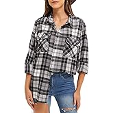 HOLCADA Women's Flannel Shirt Loose Plaid Button Long Sleeve Casual Jacket