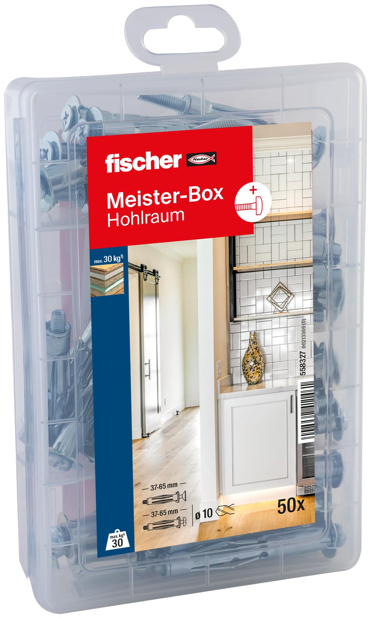 fischer Meister-Box Cavity 50 Piece Dowel and Screw Set 10mm Diameter 37-65mm Length for DIY and Professionals Ideal for Plasterboard Single and Double Planted