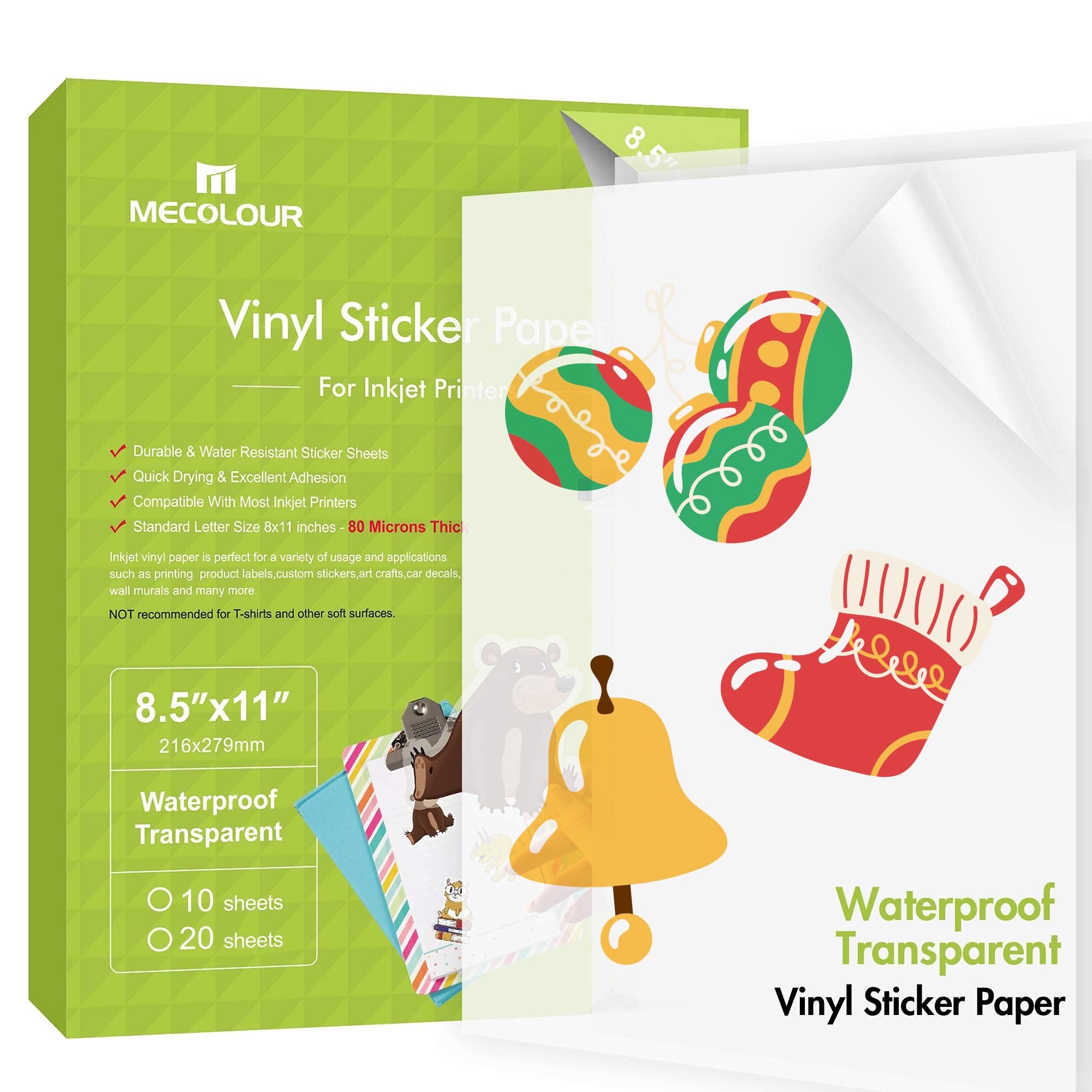 Photo 1 of MECOLOUR Premium Printable Vinyl Translucent Sticker Paper Waterproof, Dries Quickly Vivid Colors, Holds Ink Well- Tear Resistant - Inkjet & Laser Printer 20 Sheets