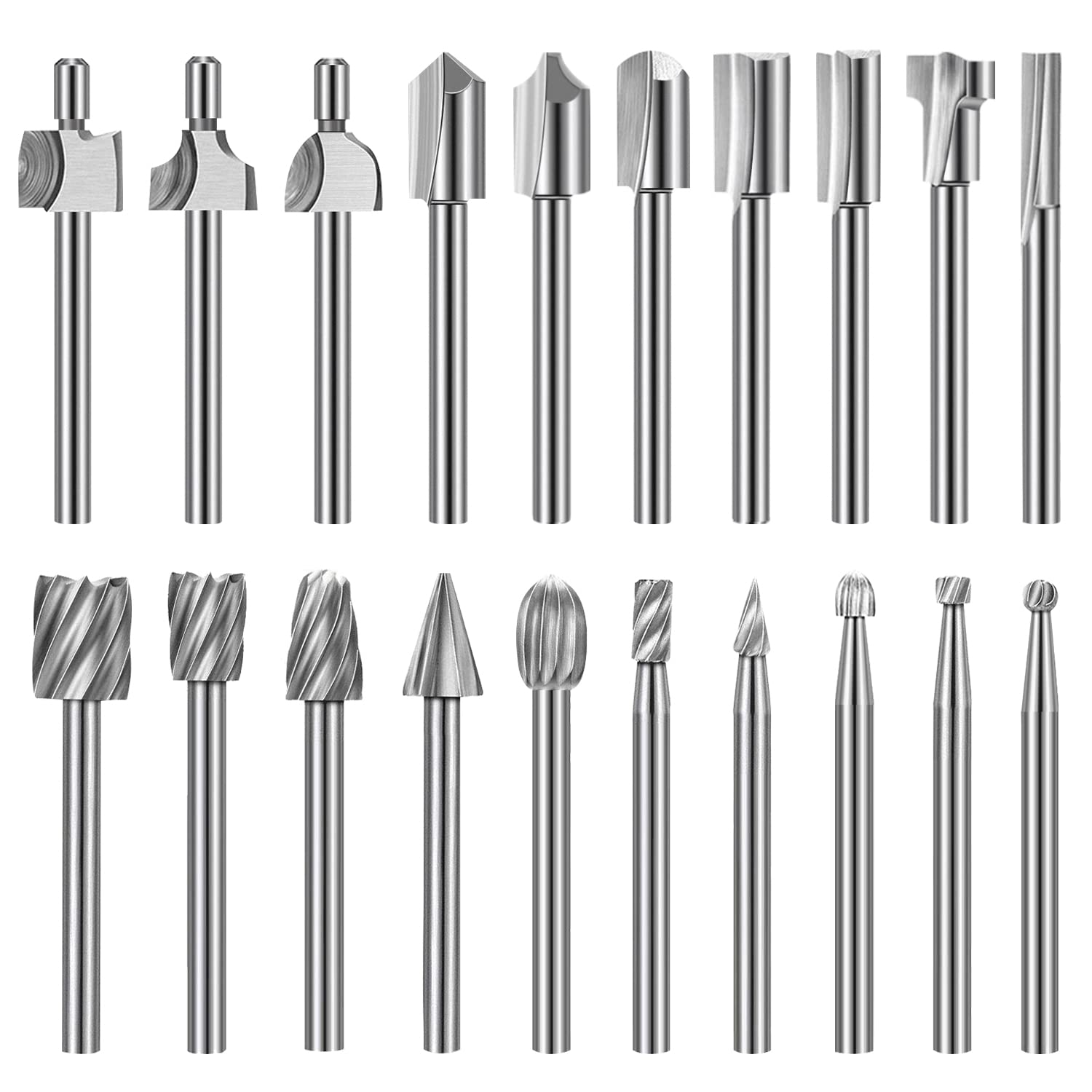 shengbenhao Router Cutter Bit, 20pcs HSS Different Router Bit Set Wood Carving bits Rotary Tool Accessories with 1/8 inch Shank for DIY Woodworking, Carving, Drilling, Engraving, Trimming