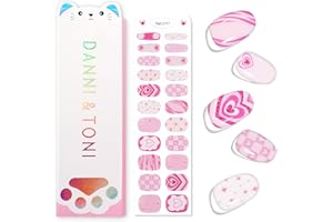 DANNI & TONI Pink Gel Nail Strips Kids DIY GlitterHeart Line Semi Cured Gel Glossy Wraps for Girls 22 Stickers Age 6+ (Heart 