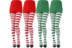 Sumind 4 Pairs Christmas Women Striped Tights Red Green White Striped Stocking Adult Elf Tight Halloween Cosplay Elf Costume