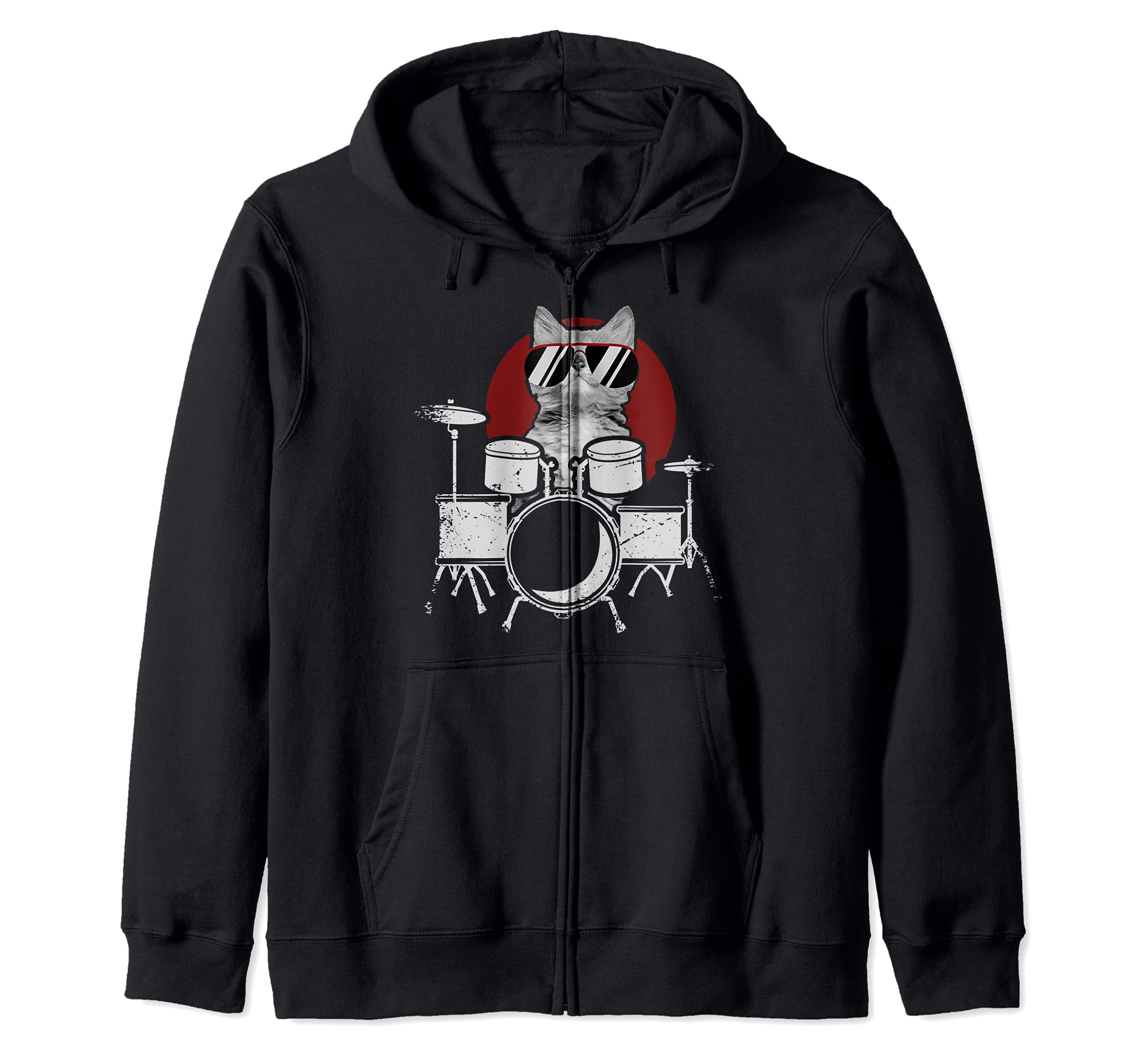Punk Rockstar Kitten Kitty Cat Playing Drums I Drumming Cat Zip Hoodie