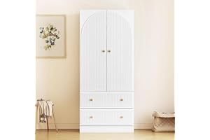 QHITTY Freestanding Bedroom Armoire Wardrobe with 2 Drawers, Bedroom Chest Clothes Storage with Clothing Rod and 2 Storage Doors for Bedroom, Living Room White
