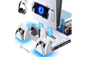 Fenolical PS5/PS5 Slim Stand and Cooling Station Compatible with PS5 Console, PS5 Replacement Parts with Detachable and Controller Charging Station and 3 Levels Cooling Fan