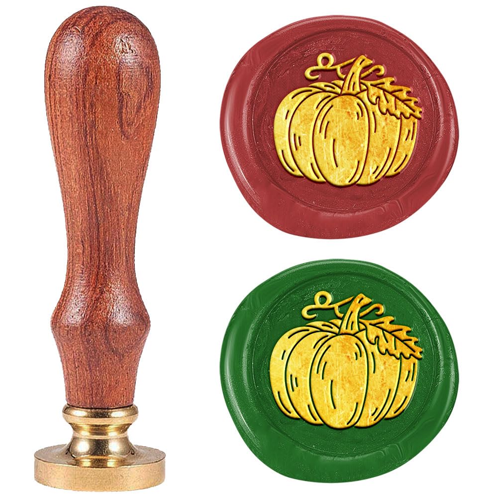 DELORIGIN Pumpkin Wax Seal Stamp 0.98" Removable Brass Seal Head with Wooden Handle Vintage Embossed Letter Sealing Wax Stamp for Invitations Party Envelope Festival Gift Packag Decorate