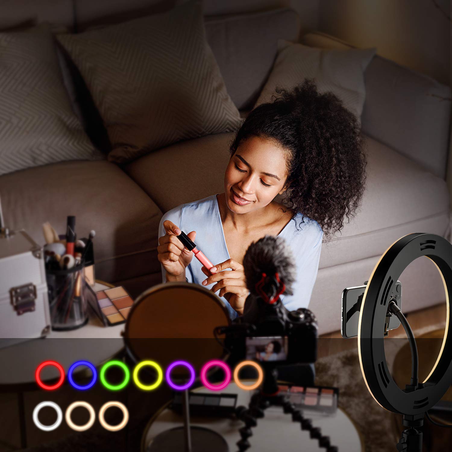 Yesker RGB Ring Light 10 Inch LED Ringlight with Brightness Dimmable 10 RGB Colors with Desktop Tripod Stand and Cell Phone Holder for Video Recording, Makeup, Zoom, Live Stream, Photography