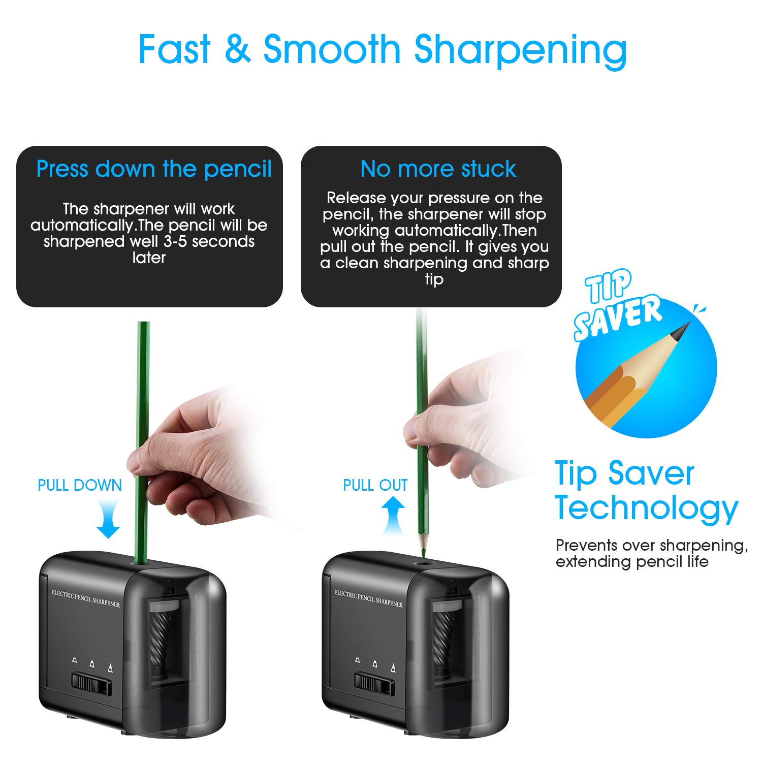 Tobeape Electric Pencil Sharpener, Heavy-duty Helical Blade, Variable Sharpness Control for 6.5-8mm Diameter Pencils, USB or AC or 4 AA Batteries Operated in Classroom Office Home