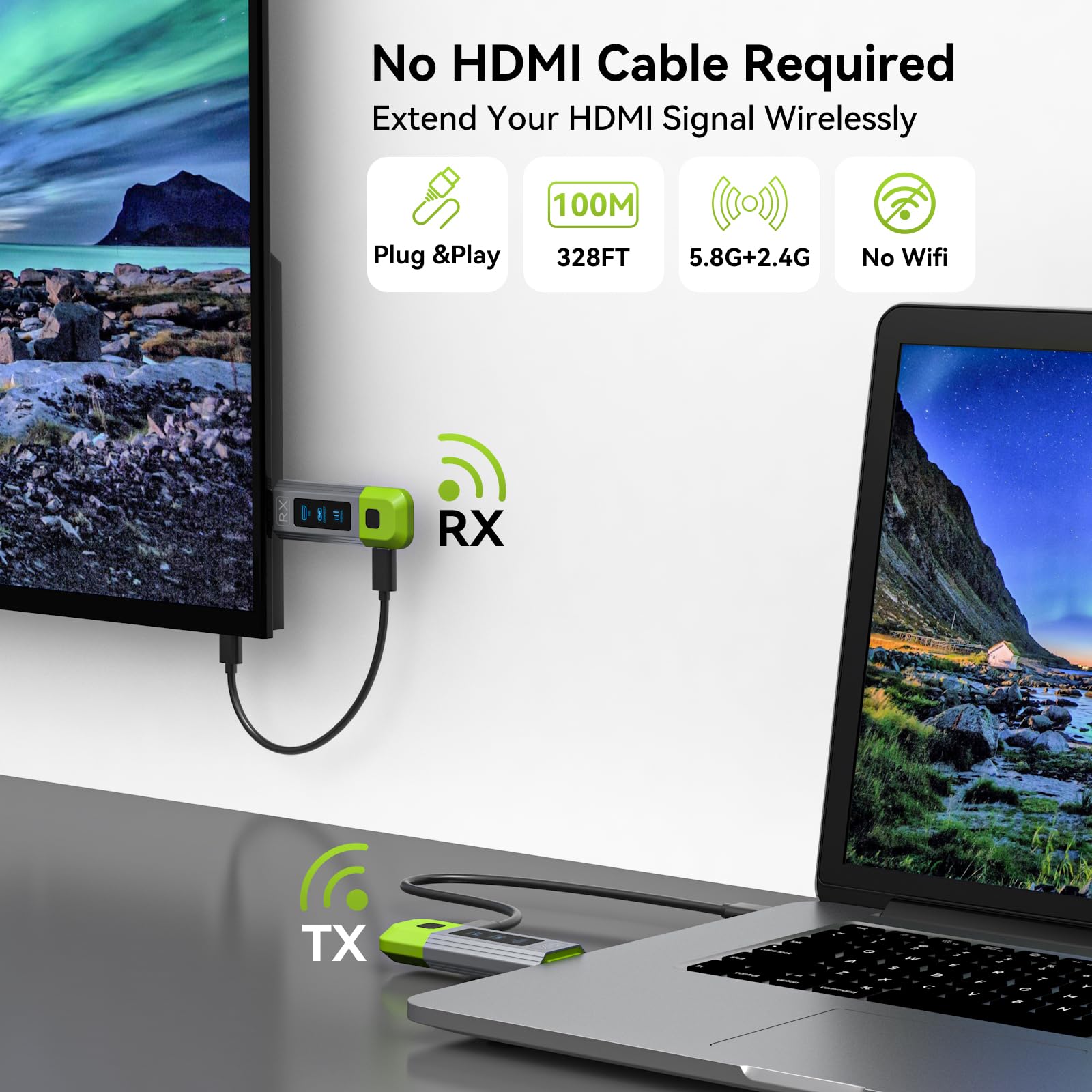 TJCXELE Wireless HDMI Transmitter and Receiver 328FT/100M Support 4K Decode 1080P@60Hz HD Video Output,Plug&Play 2.4G+5.8G Wireless HDMI Extender for Video and Audio to Monitor from PC/Projector/TVBox