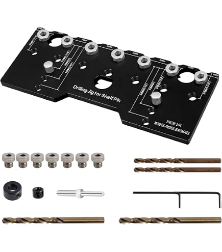 1/4" (6mm) Aluminum Shelf Pin Drilling Jig – 7 Guides, 3 Margin Settings, Includes Bits & Stop Collar For Woodworking