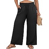 OLRIK Women's Plus Size Pants Adjustable High Waisted Wide Leg Palazzo Casual Trousers with Pockets Spring Clothes