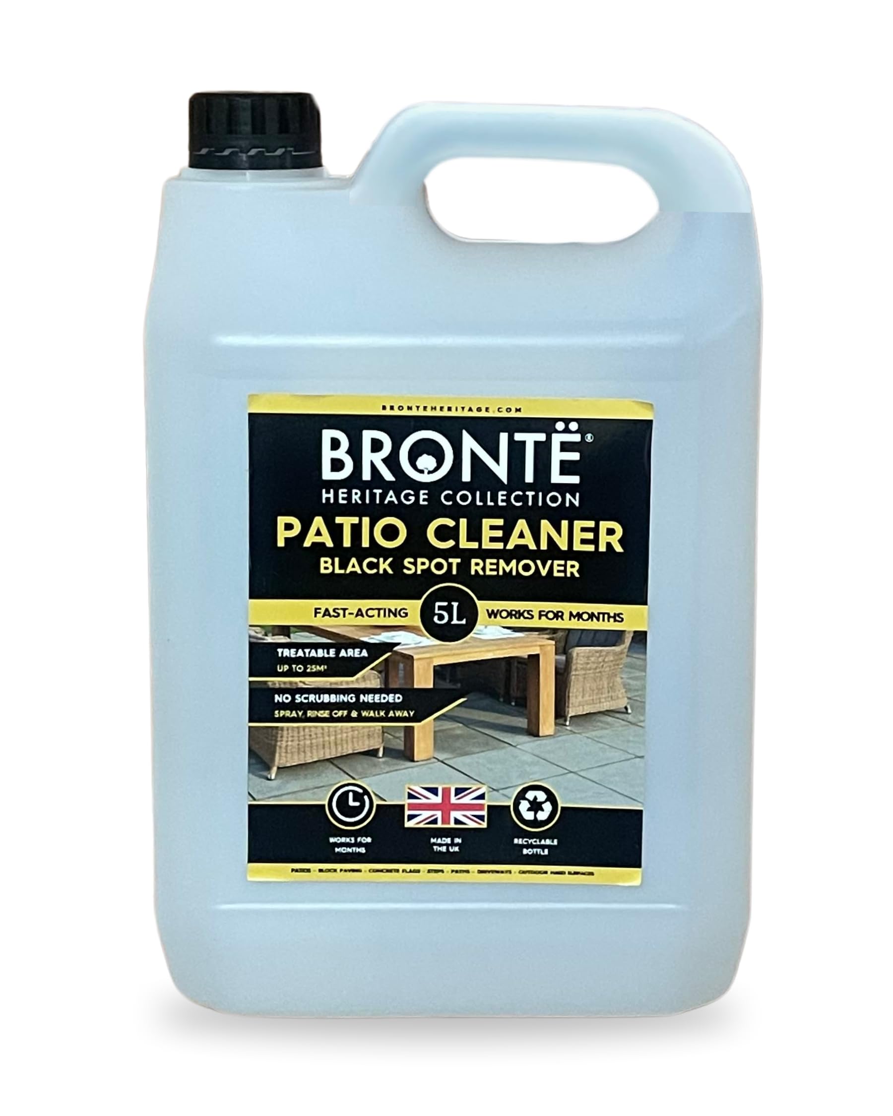 Bronte Heritage Patio Black Spot Remover 5L | FAST ACTING - NO SCRUB Outdoor Hard Surface Cleaner for Lichen, Moss & Driveways | High Strength UK MADE Patio Cleaner Solution