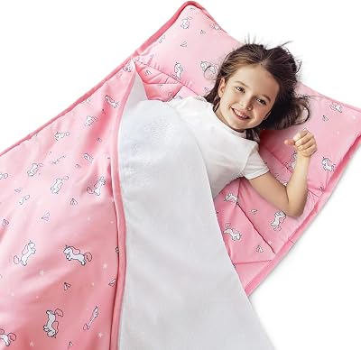 SPRINGSPIRIT Toddler Nap Mat with Blanket & Pillow, Pink Unicorns