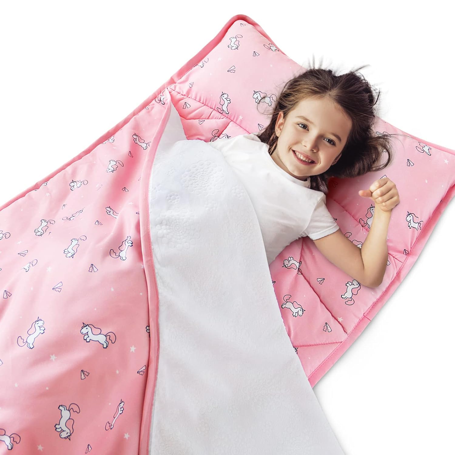 SPRINGSPIRIT Nap Mat for Toddlers, Quilted Mat with Blanket and Removable Pillow, All-In-One Sleeping Bag for Preschool Daycare Nap Time or Sleepovers, Portable Roll up Nap Mat, Pink Unicorns