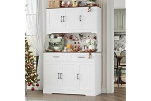FACBOTALL Tall Kitchen Pantry Cabinet, Farmhouse Food Pantry Cabinet with Doors and Adjustable Shelves, Kitchen Hutch with Countertop and Microwave Stand for Dining Room, Living Room, White