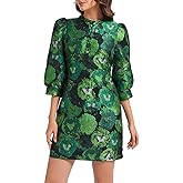 LADYFUL Women's Floral Jacquard Shift Dress 2026 Long Puff Sleeve Button Up Elegant Cocktail Party Mini Dress