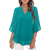 Bebonnie Womens Tops Dressy Casual Ruffle 3/4 Sleeve V Neck Double Layers Chiffon Blouses Tops