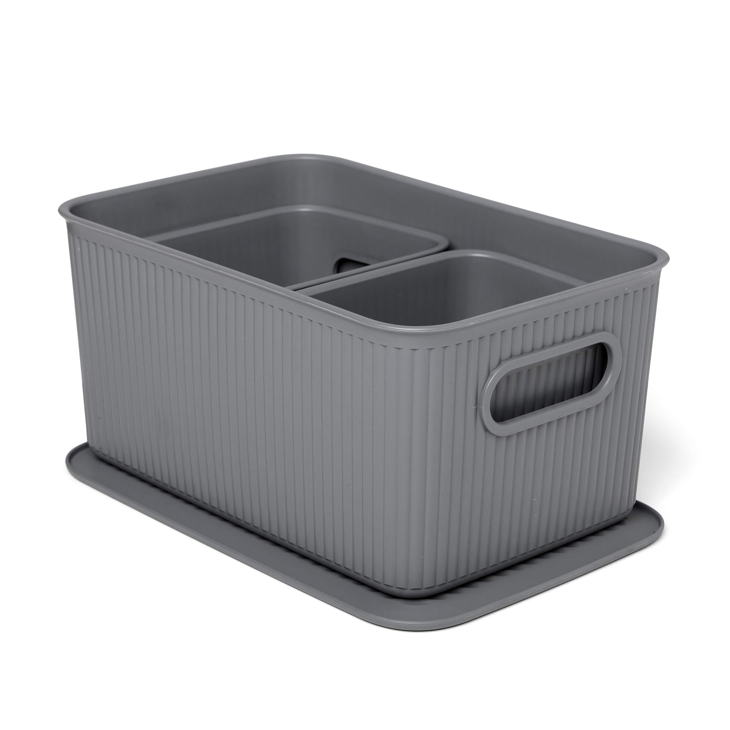 TATAY Plastic Storage Basket Baobab | Set of 3 Organizer Boxes with 1 Lid | Integrated Handles | Compact and Versatile Design | BPA-Free Plastic | 18.7 x 27.8 x 13.3 cm, Grey