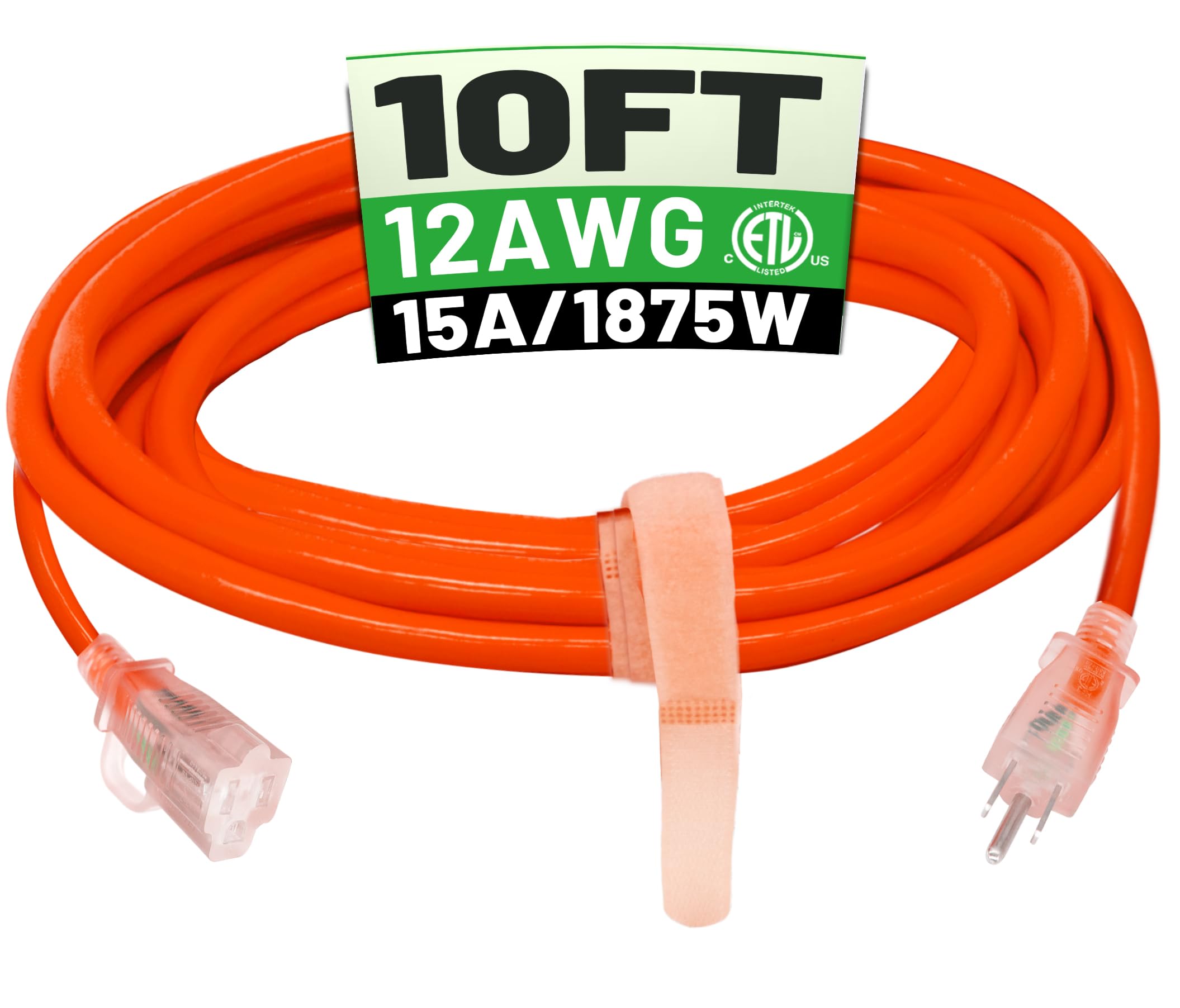 POWGRN 200 ft 12/3 Outdoor Extension Cord Waterproof Heavy Duty with Lighted Indicator End 12 Gauge 3 Prong, Flexible Cold-Resistant Long Power Cord Outside, 15Amp 1875W SJTW Orange ETL Listed