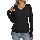 EasyGala Womens V Neck Long Sleeve Shirts Banded Bottom Cute Loose Fit Tops Dressy Casual Outfits for Fall Spring