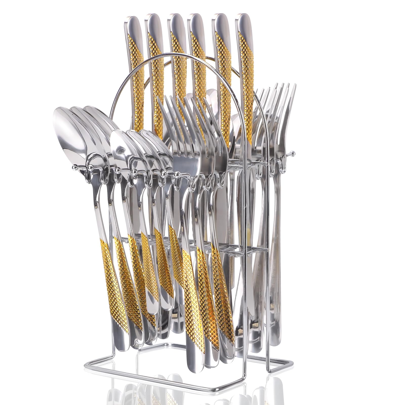 Gilded Silverware Set, 24 Piece Cutlery Set with Holder, Service for 6, Mirror Polished Tableware Set for Home Kitchen (Gold Silvery)