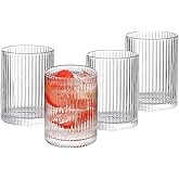 WHJY Ribbed Glassware Highball Glasses Unique Everyday Drinking Glasses Short Glasses Cups Set of 4 for Cocktail, Whiskey, Beer, Juice - 8.8oz 3.7"