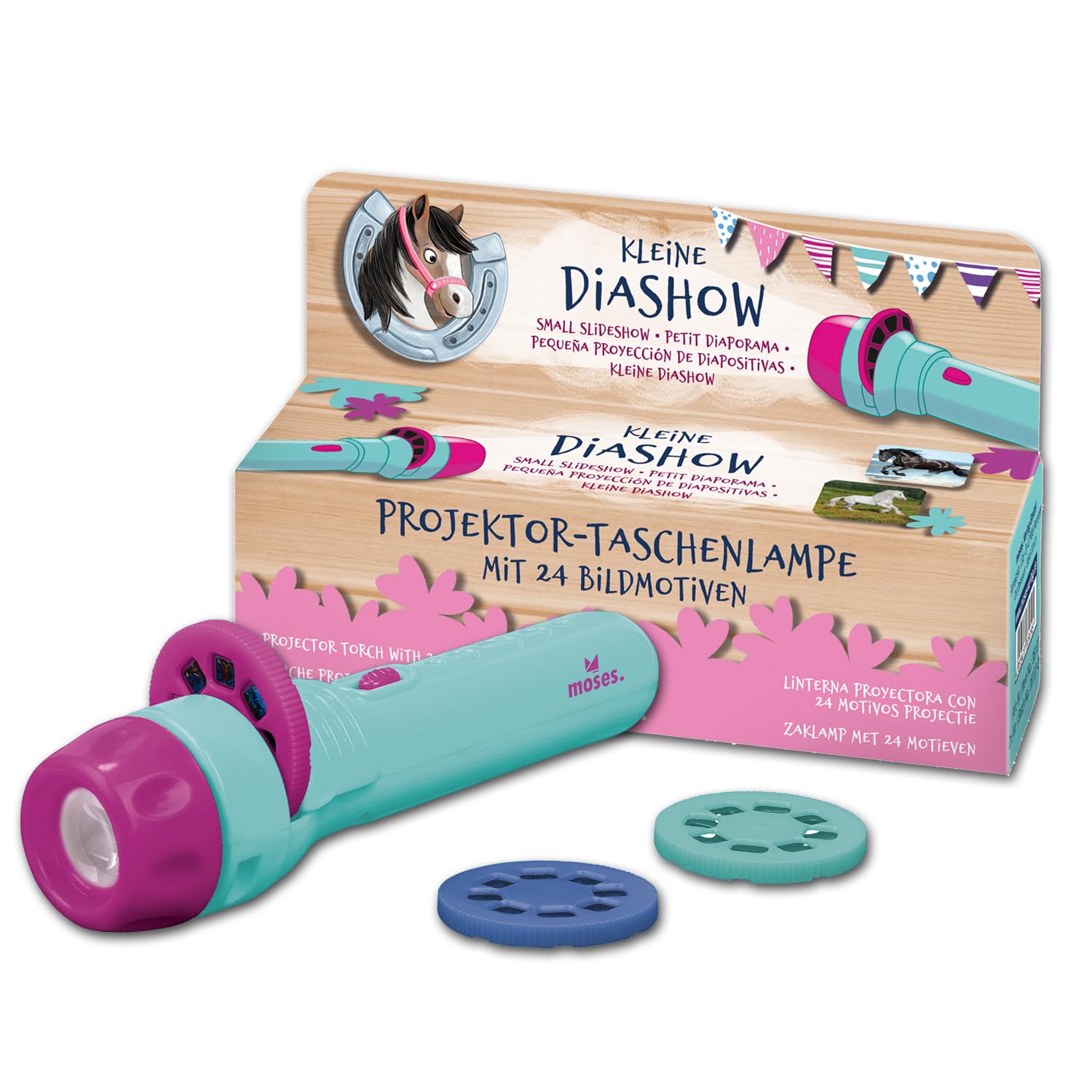 moses 38108 Small Slideshow Projector Torch for Children with 24 Horses Designs and Name Growth, 1 Torch, 3 Pictures, 3 Button Cells