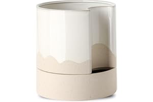 Nihow Self Watering Plant Pot: 8 Inch Ceramic Planter with Drainage Hole & Water Storage for Indoor Plants - Cylinder Round Flower Pot for Succulent/Herbs/Violets - White & Wave Nature