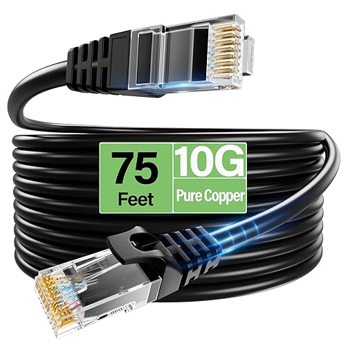 TuokaJu Cat6 Ethernet Cable 10Gbps 75 ft, Flexible Bare Copper Cat6 Patch Cables, UTP Ethernet Cable Cat 6, Snagless Cat 6 Network Cable for Server, Data Center, Black