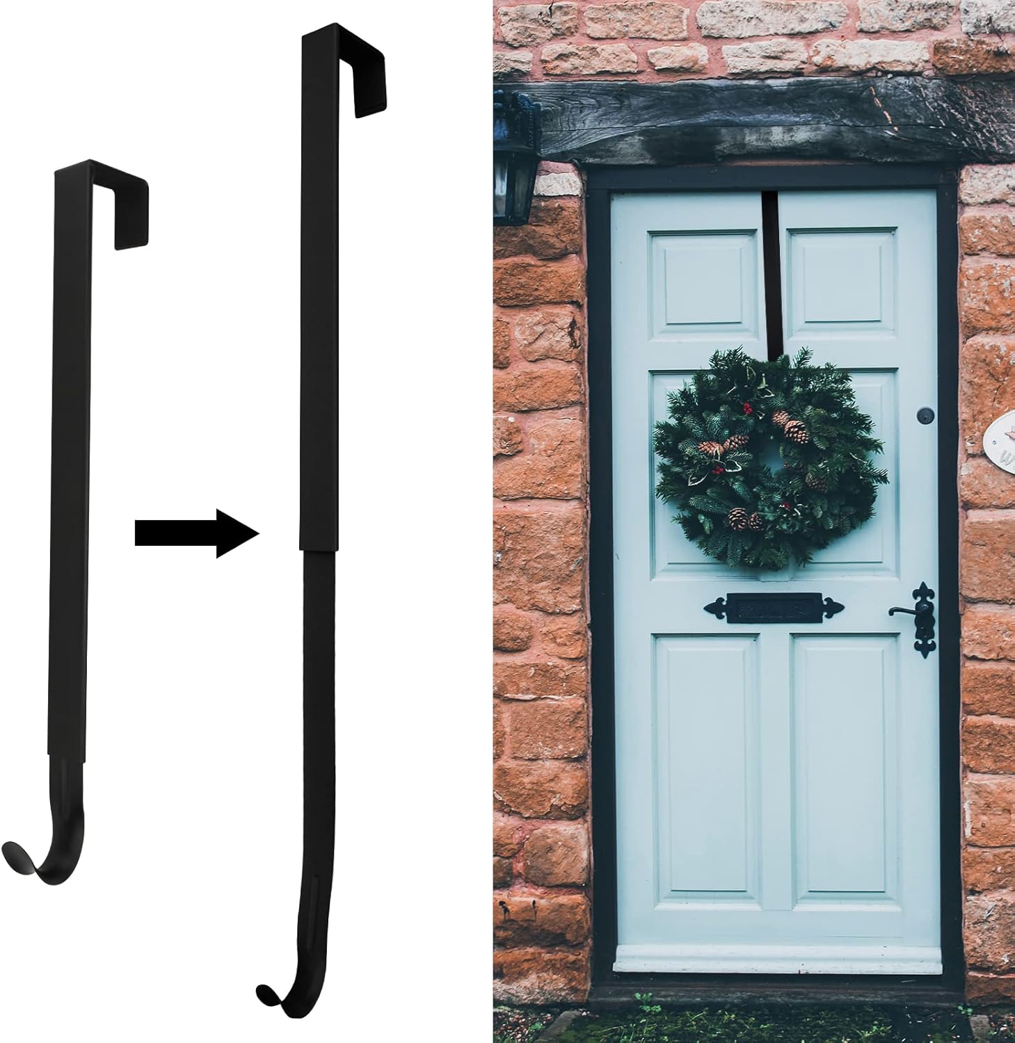 Wreath Hangers - Ondder Black Wreath Hanger for Front Door Adjustable Door Hanger 15-26 Inch Over The Door Hange for Christmas Wreath Garland Door Hanger for Easter Spring Halloween Xmas Door Decorations