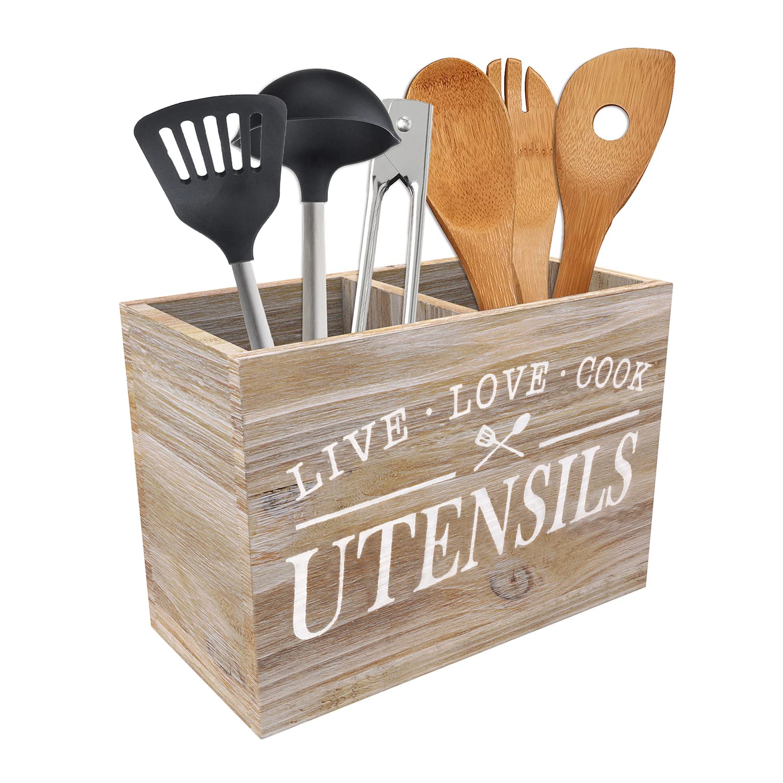 Karisky Kitchen Utensil Holder with Removable Bottom Large 2 Compartments Utensil Organizer Farmhouse Utensil Caddy for Countertop Decor, 24 x 12 x 17 cm, Nature