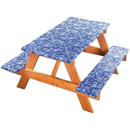 Covers For The Home Elastic Picnic Table Cover 3 Piece Set Tonal Line Work Pattern Blue Dress Up Any Picnic Table And Benches