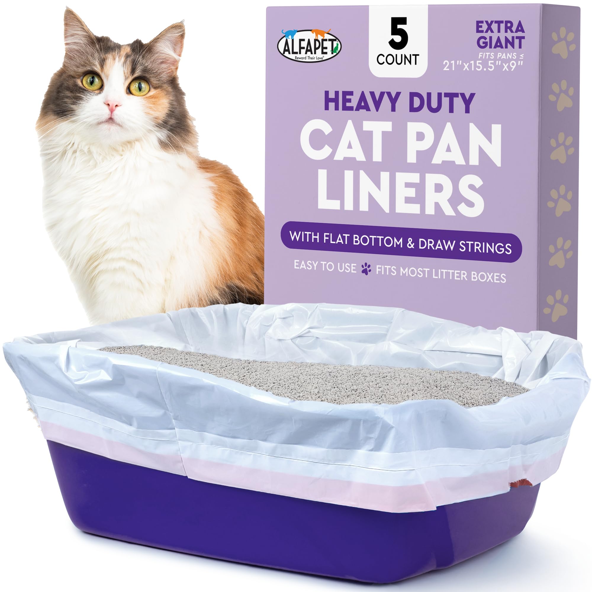 Cat Litter Box Liners Alfapet Heavy Duty Flat Bottom - Extra Giant 5 Count - Tear-Resistant Cat Litter Bags - Kitty Litter Liners for Rectangular Litterbox Pans, 36” x 18” x 2MIL Thick 30 lb Capacity