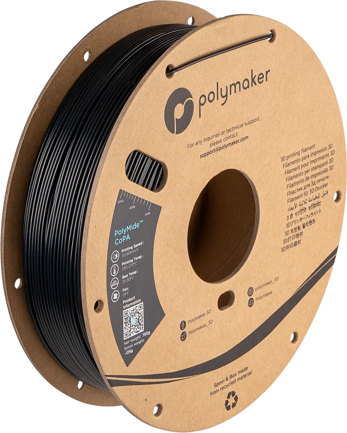 Polymaker Nylon Filament 1.75mm 0.75kg Black CoPA, PolyMide CoPA Warp Free Nylon 3D Printer Filament, Strong & Tough & Heat Resistant Image