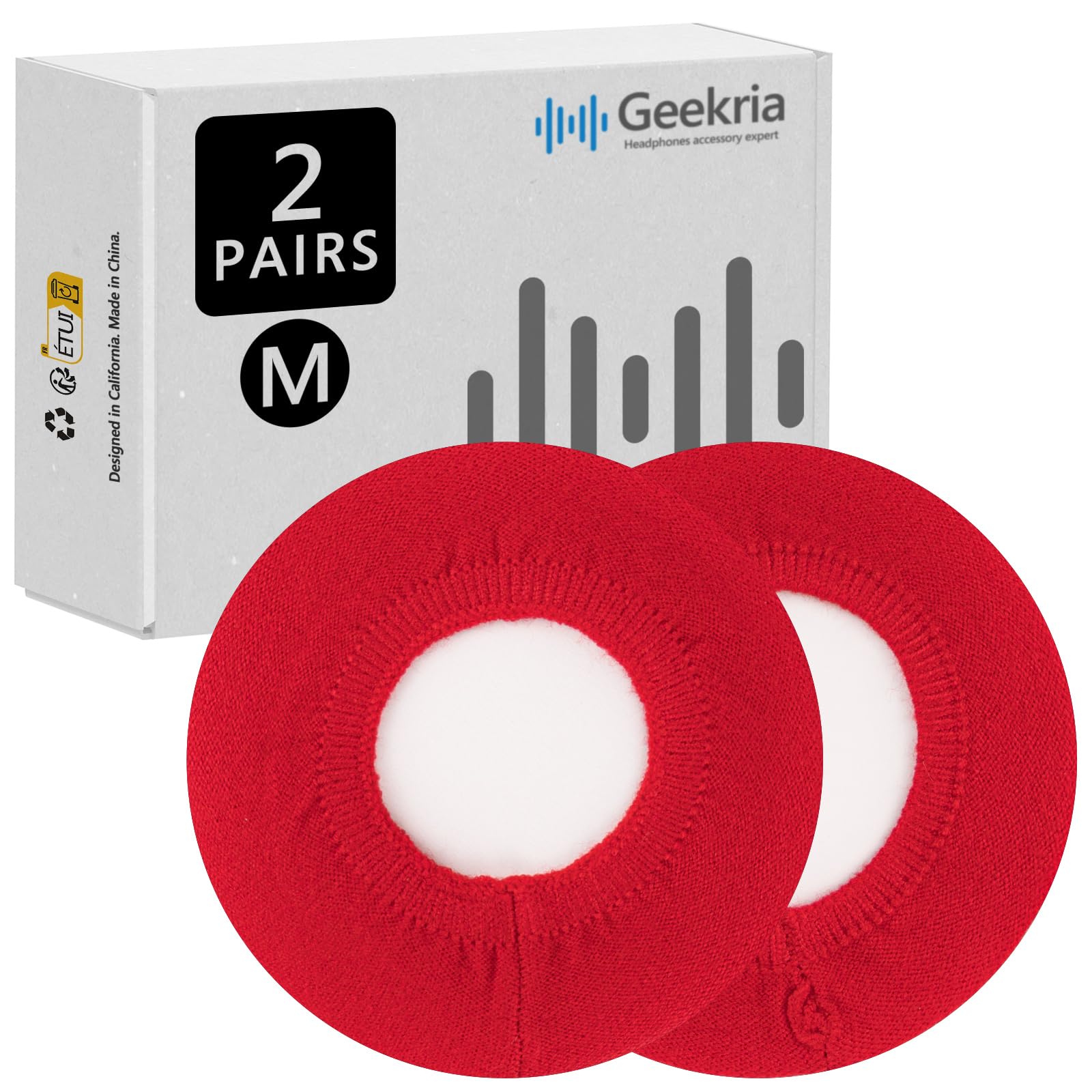 Geekria 2 Pairs Knit Headphones Ear Covers - Product Safety Certified - Washable & Stretchable Sanitary Earcup Protectors for Over-Ear Headsets, Sweat Pads for Gym, Gaming (Size M/Red)