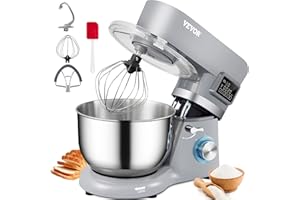 VEVOR Stand Mixer, 660W Electric Dough Mixer with 6 Speeds LCD Screen Timing, Tilt-Head Food Mixer with 5.8 Qt Stainless Stee