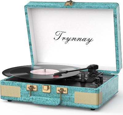 Trynnay Record Player 3 Speed Bluetooth Portable Suitcase Vinyl Player Sky Blue