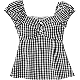 SOLY HUX Girl's Gingham Tops Y2K Cute Blouse Summer Sweetheart Neck Shirts Aesthetic Clothes