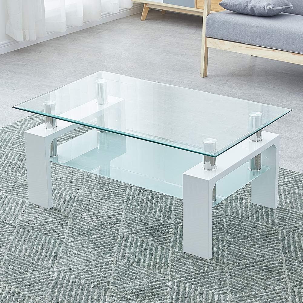 Clipop Living Room Rectangle Glass Coffee Table Modern Side Table With Lower Shelf 8 Mm Tempered Glass Top With Wooden Legs Living Room Furniture Waiting Area Table White Amazon Co Uk Kitchen Home
