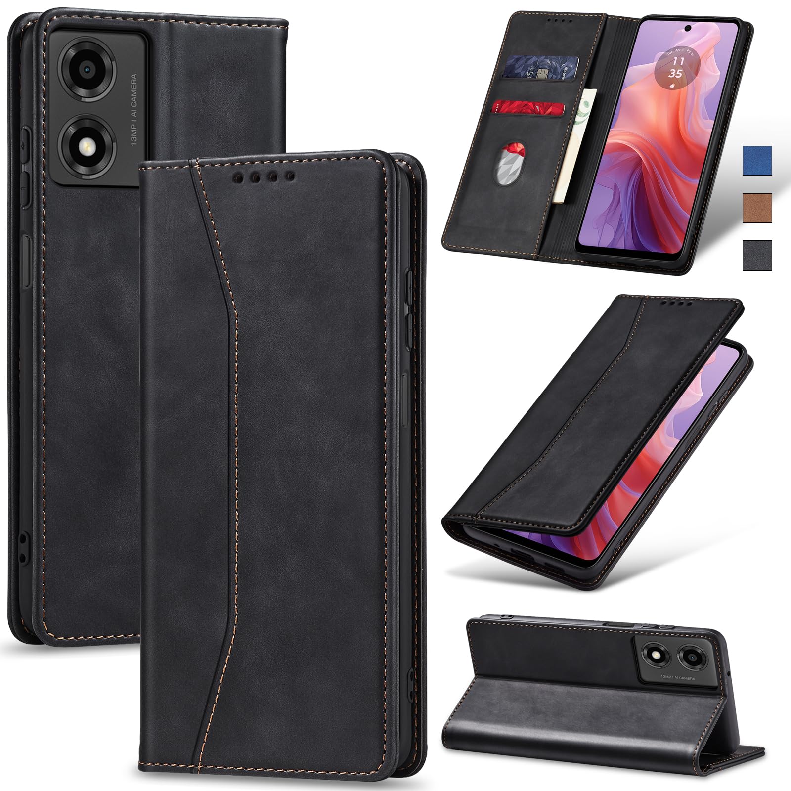 Jasonyu Case for Motorola Moto E14/G24/G04 Leather Wallet Flip Cover with Card Holder,Kickstand, Magnetic Closure,TPU Shockproof Phone Case (Black)