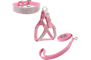 Newtensina Dog Collar & Harness & Lead Sets Fashion Dog Collar Diamante with Harness & Leashes Comfortable Soft Collar Harness and Leashes Set for Dog - Pink - S