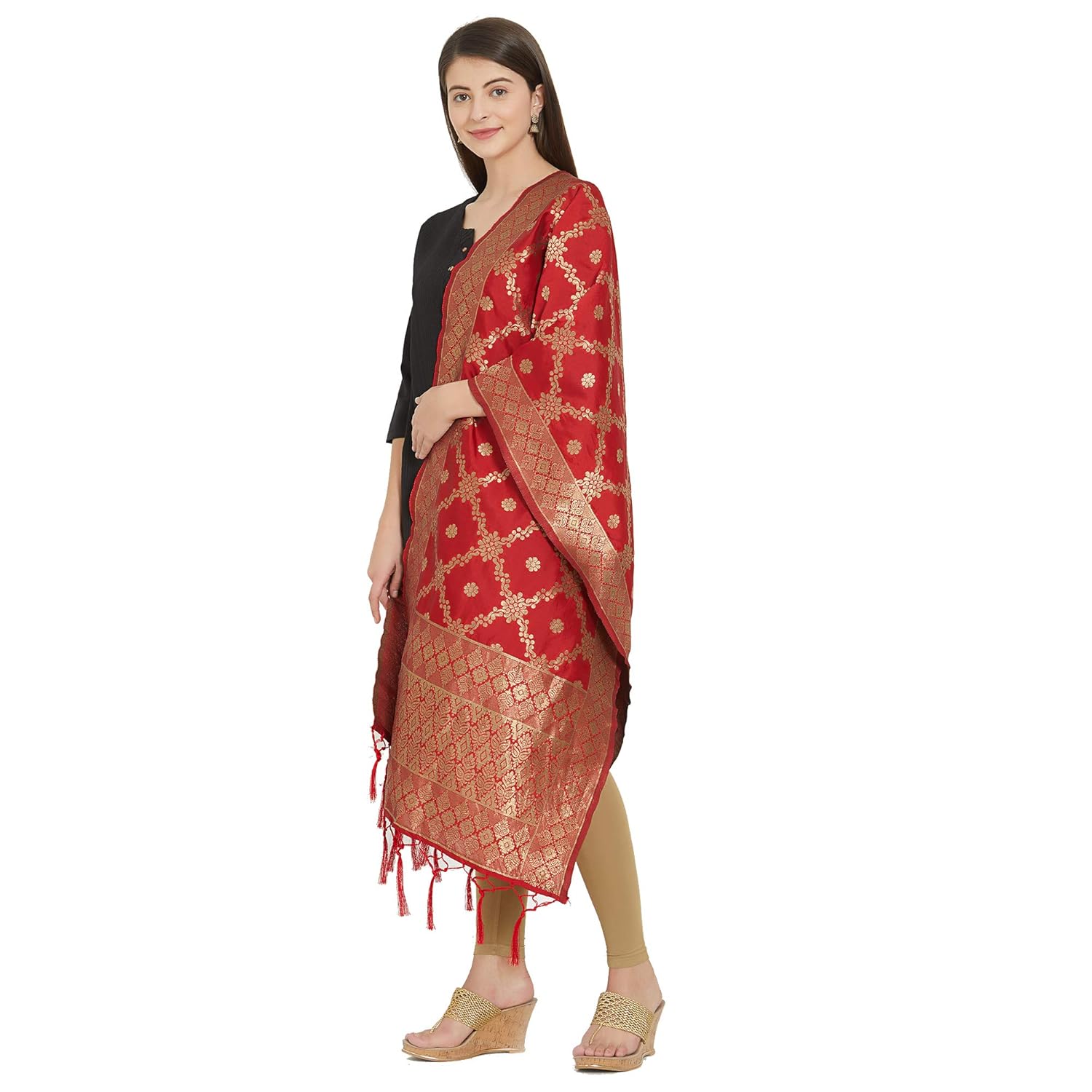 faserz women red woven design banarasi silk dupatta (fz-rr-04_red)