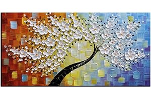 YaSheng Art -hand painted White Flowers Paintings Oil Painting On Canvas Abstract Texture Palette Knife Tree Paintings Modern Home living room Bedroom Dining Room Wall Decor Ready to hang 20x40inch